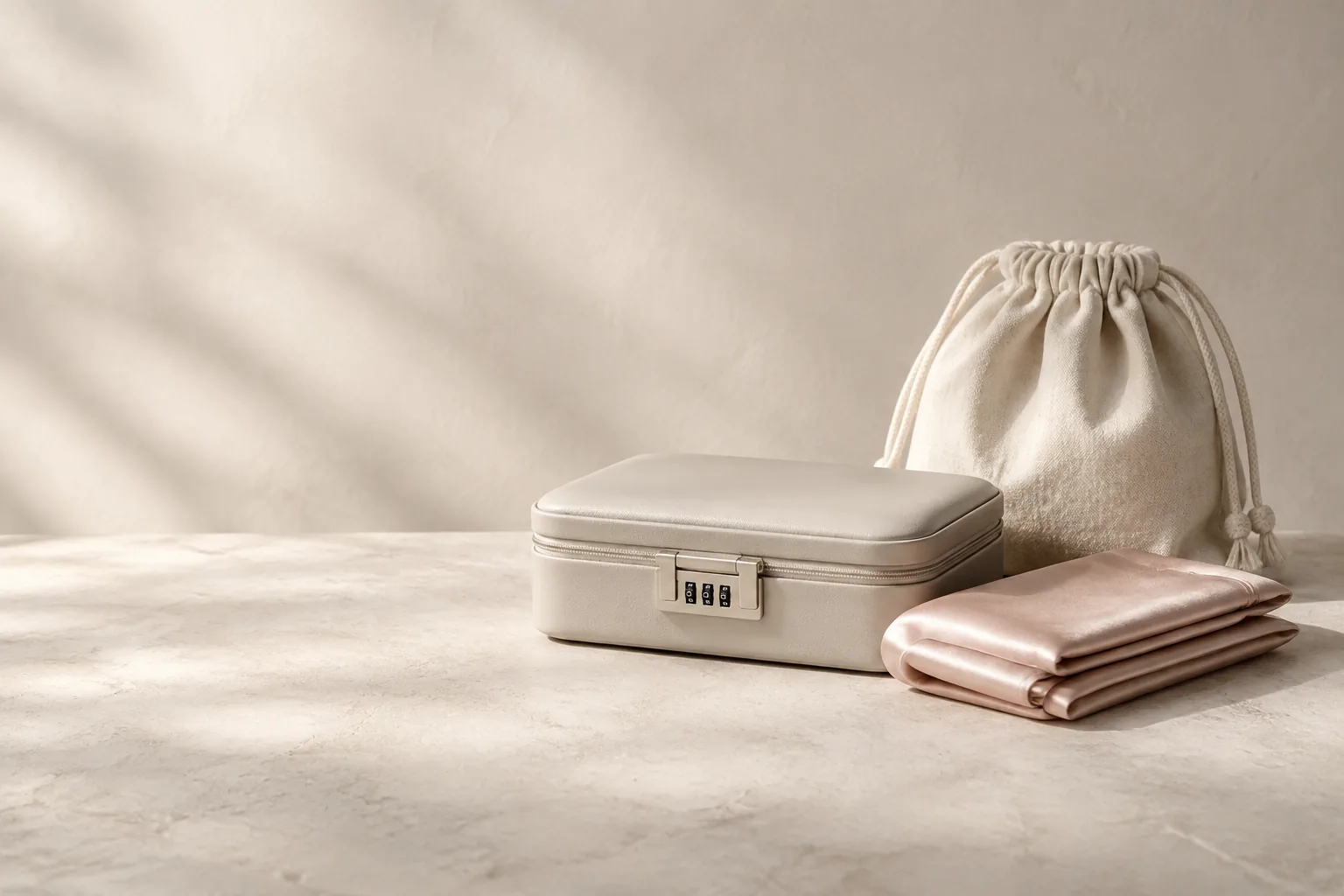 A still life on a pale plaster surface: a closed matte storage case with a slim combination latch, a folded satin pouch and a coiled cotton drawstring bag gathe